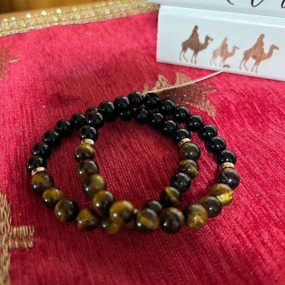 NWT Tiger's Eye and Black Bead 2 Stretch Bracelets #JW7 - Picture 8 of 8